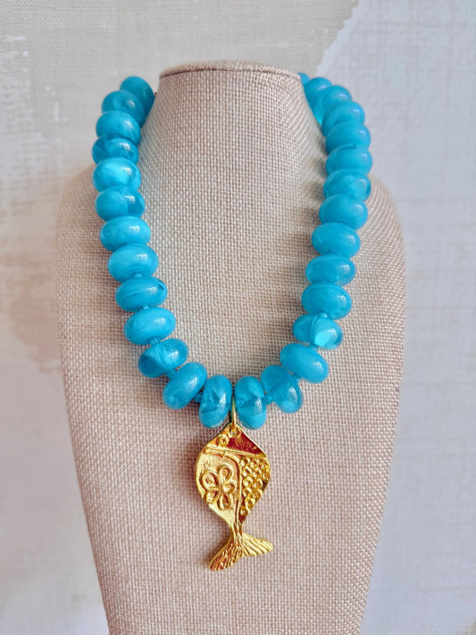 Bright Blue Fish Necklace - Cola Stacks -