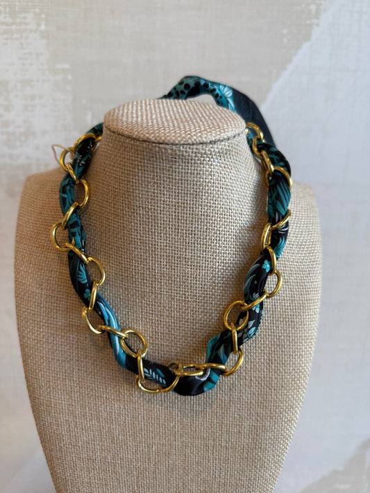 Navy Peacock Scarf Chain Necklace - Cola Stacks -
