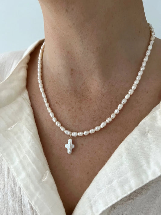 All Pearl Cross Necklace