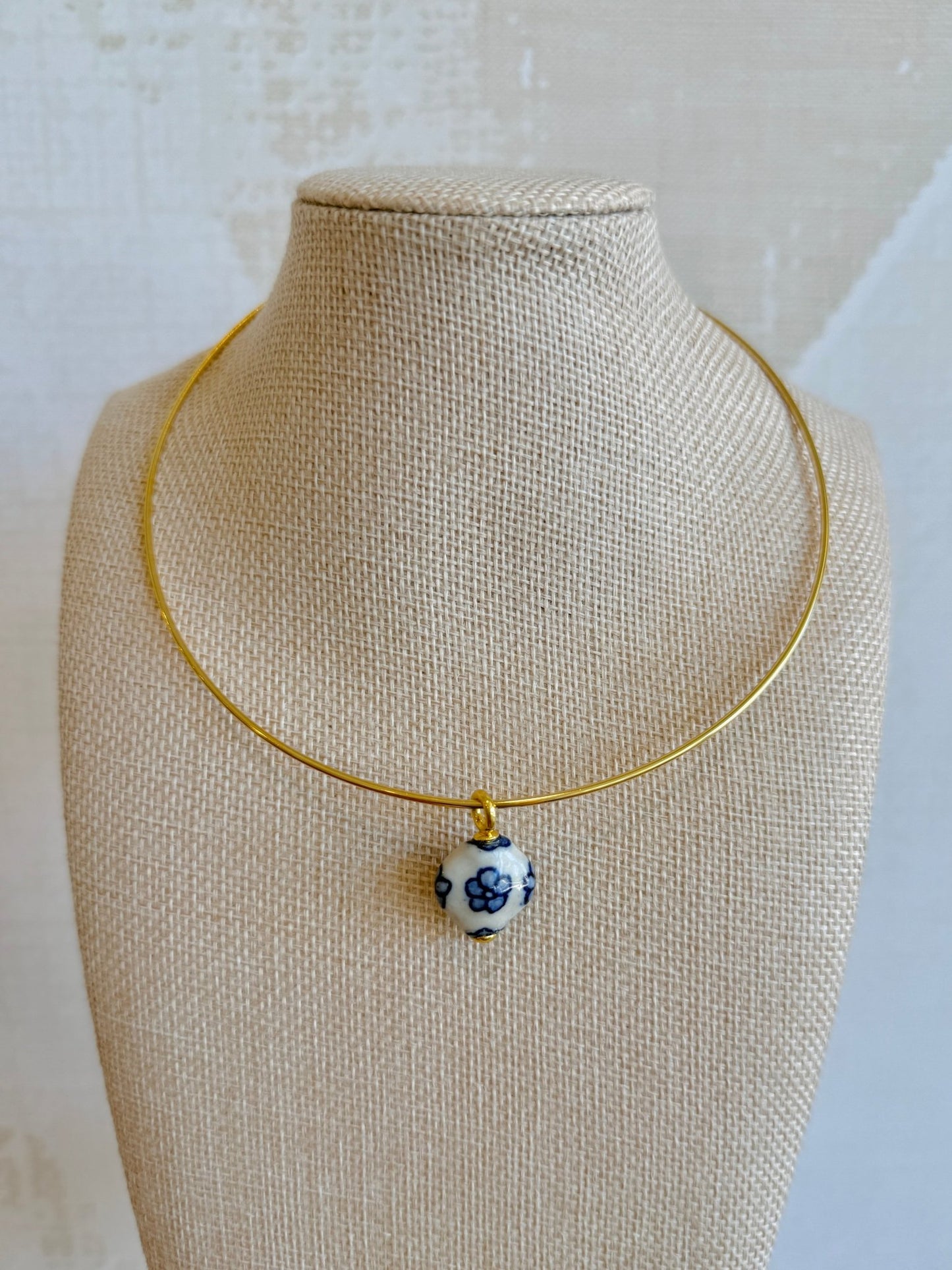 Blue Porcelain Choker Necklace - Cola Stacks - 