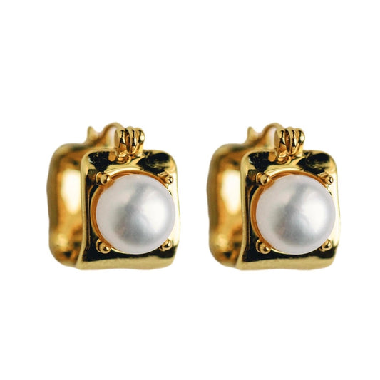 Gold Pearl Huggie Earrings - Cola Stacks - 