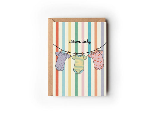 Welcome Baby Onesies Rainbow Striped New Baby Greeting Card - Cola Stacks - 